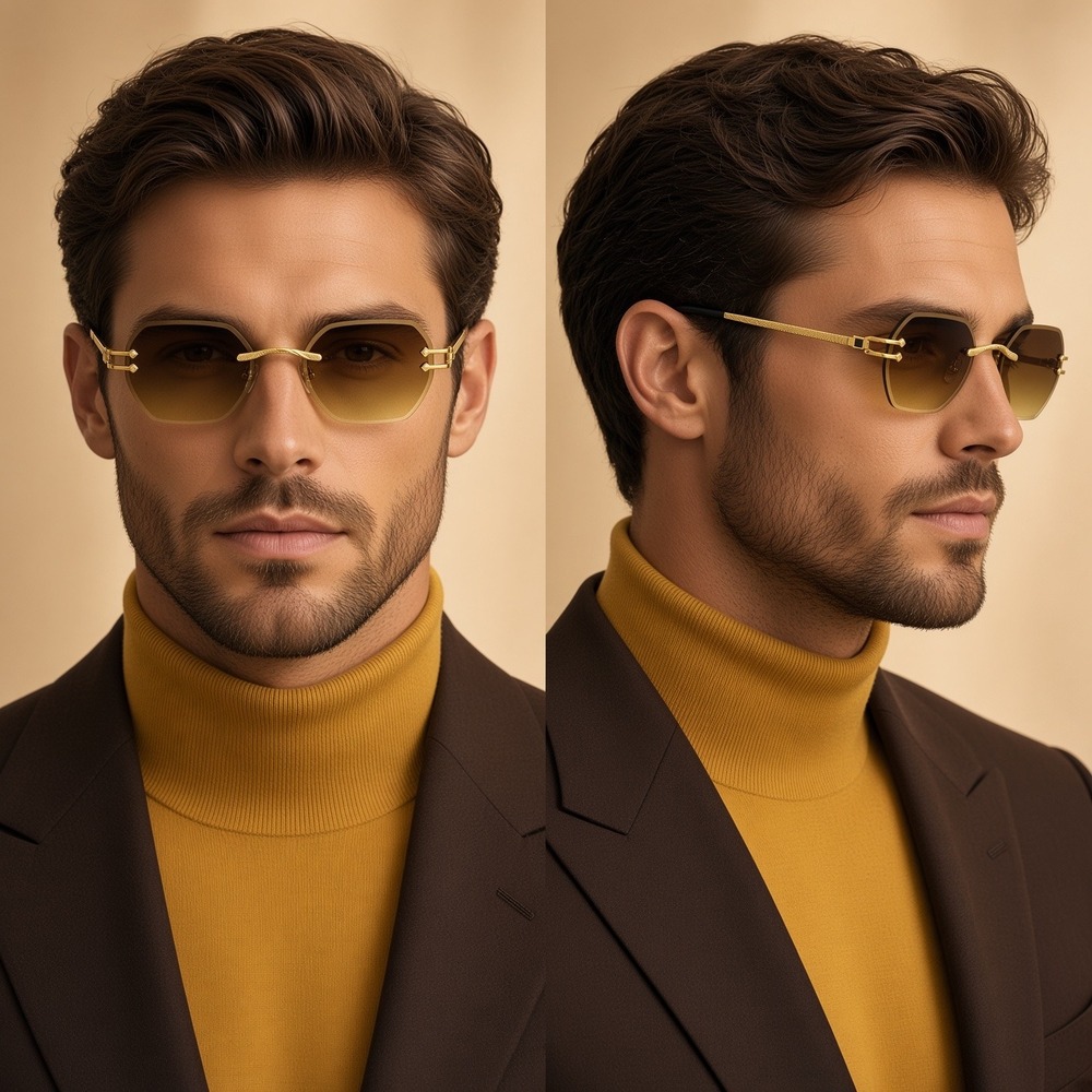 Men Sunglasses Designer Style Summer Gold Frame Tint 90s Y2K Drip Fashion Brown
